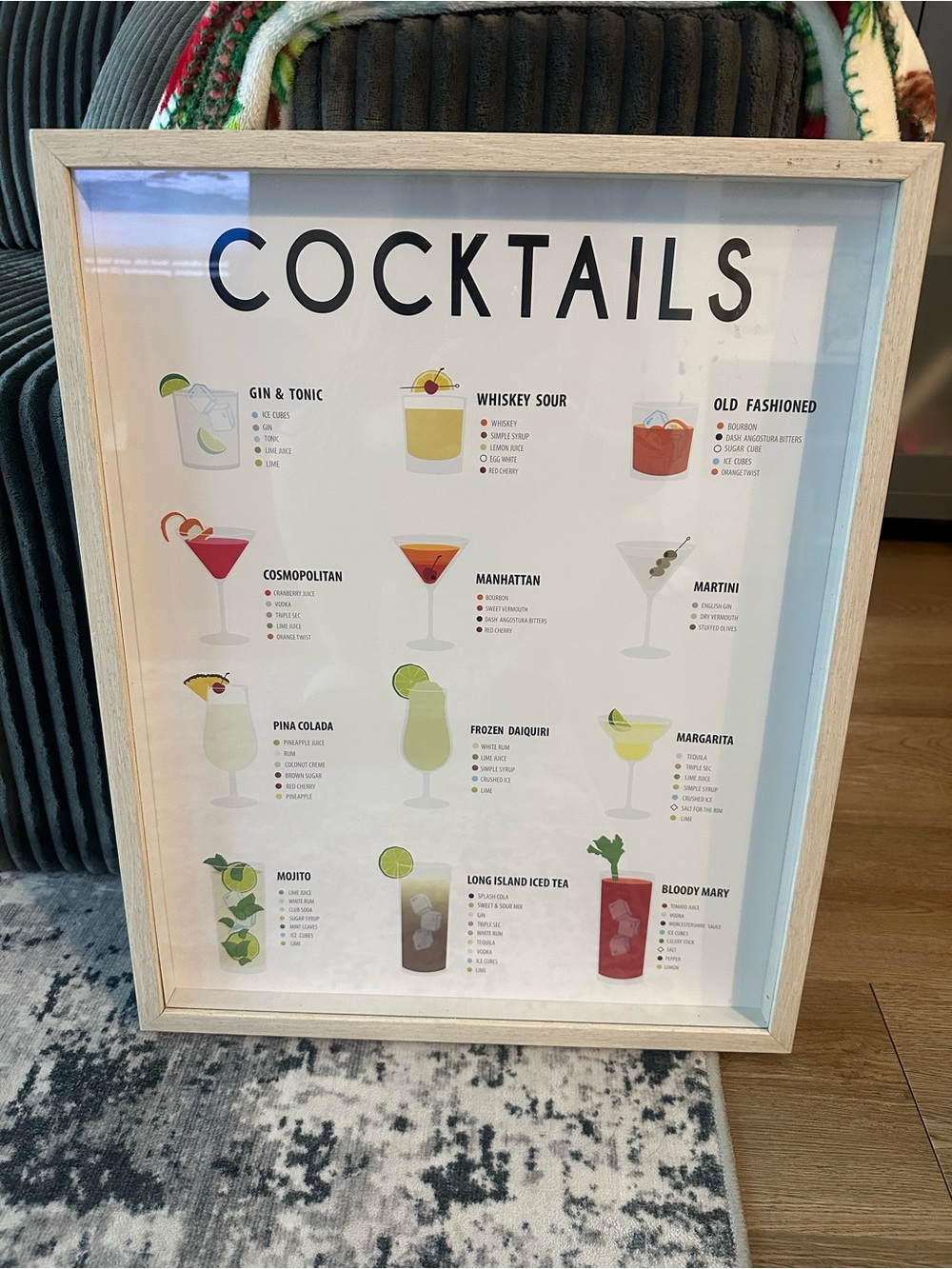 T.J.Maxx Cocktail Recipe Framed Print with Multicolor Drink Illustrations